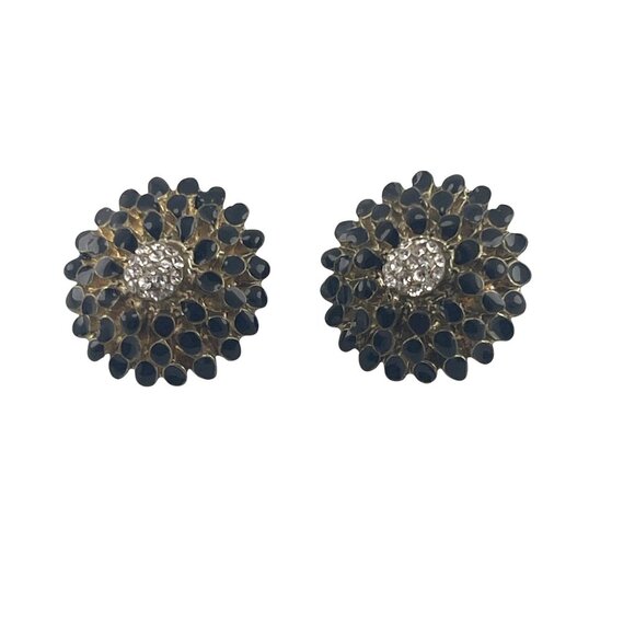 Vintage Flower Shaped Black & Crystal Rhinestone Stud Earrings - Picture 7 of 7
